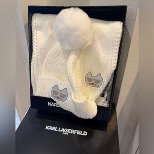 RETAIL $118 KARL LAGERFELD PARIS Women's Disco Kitty Beanie & Scarf Boxed Gift